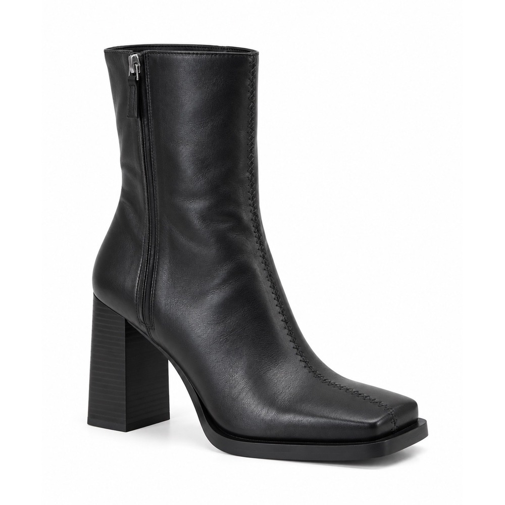 Zara Black Leather Heeled Ankle Boots Square Toe Block Heel Booties 3US 8